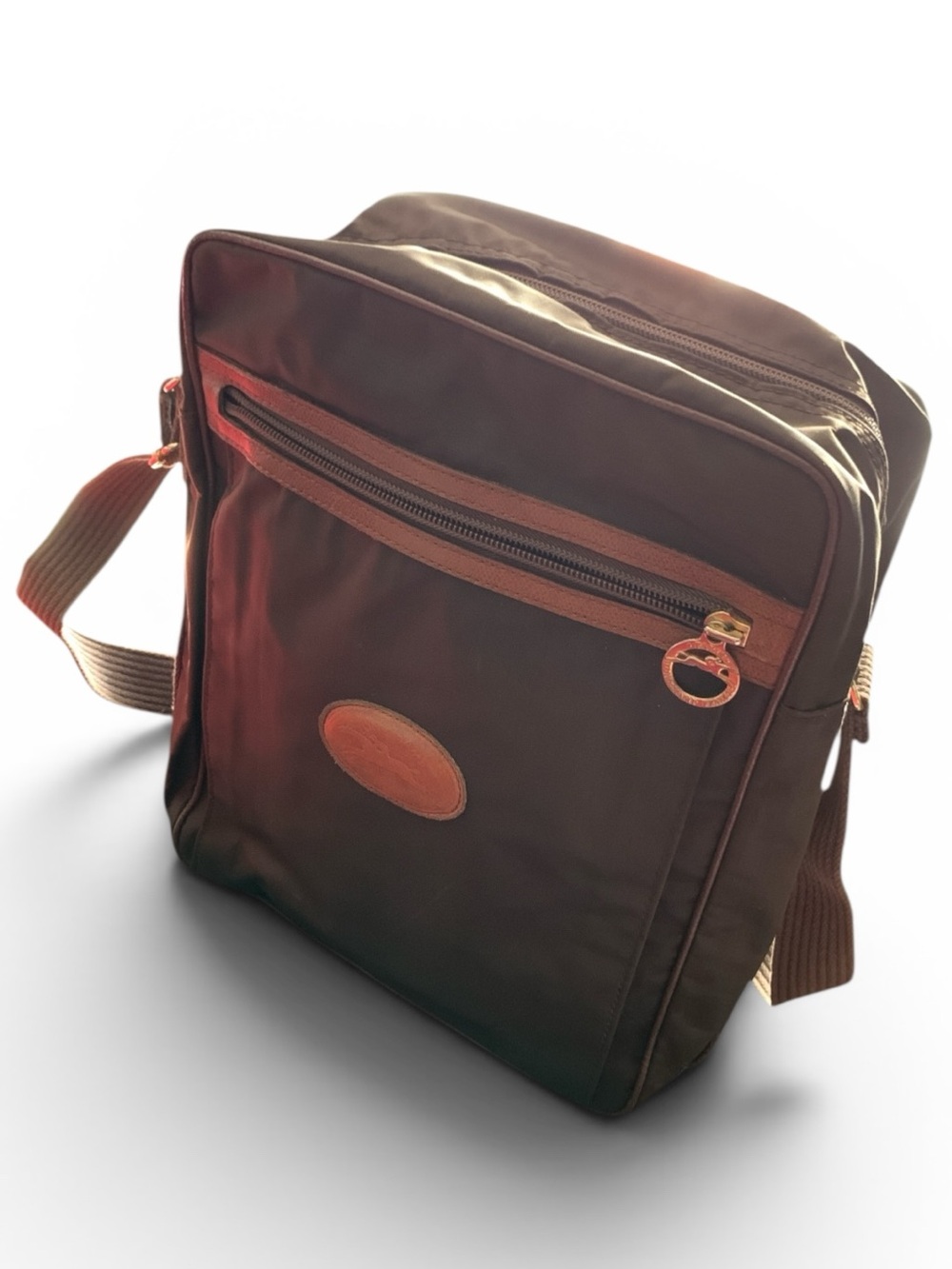LONGCHAMP Brown Leather Canvas Messenger Bag